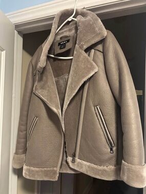 DKNY Taupe Faux-Shearling Moto Jacket
